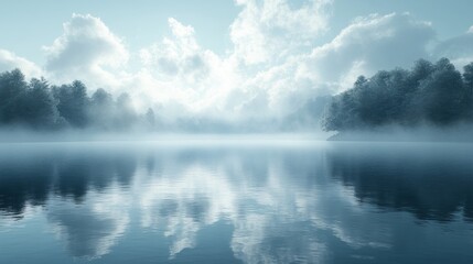 Fototapeta premium Serene Ethereal Landscape Soft Blue Mist Reflective Surface Dramatic Lighting Minimalistic Composition Horizon Digital Art