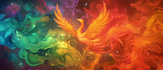 Fototapeta premium Fiery phoenix rising cosmic space artwork vibrant colors