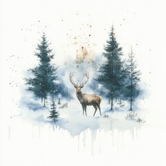 Obraz premium Winter Landscape with Deer and Snow-Covered Trees Watercolor Illustration for Christmas Card or Invitation