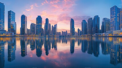 Obraz premium Cityscape sunrise reflection, harbor, buildings, calm