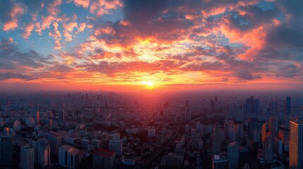 Fototapeta premium Cityscape sunset panorama, fiery clouds, urban landscape, aerial view