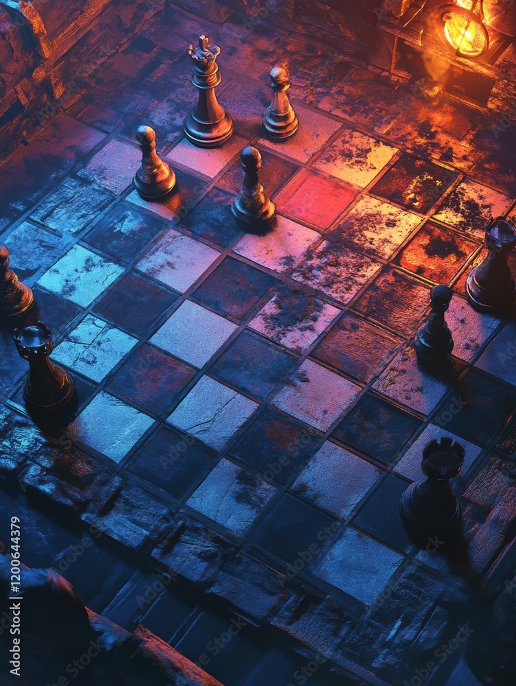 Poster Unique chessboard in dim light with a mystical atmosphere and glowing source illuminating the pieces. Generative AI