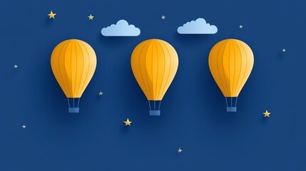 Fototapeta premium Three minimalist yellow hot air balloons ascending against a dark blue night sky