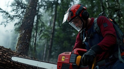 A person uses a chainsaw to fell a large tree in a misty forest, showcasing forestry work