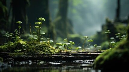 Fototapeta premium Close-Up of Moss and Tiny Plants on a Forest Log in Rainy Serenity By Generated AI