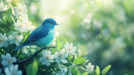 Obraz premium Vibrant bluebird perched on blooming branch, serene spring scene. Perfect for nature, peace, or springtime themes, evokes tranquility.