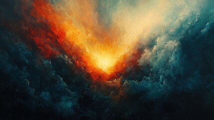 Fototapeta premium Fiery explosion in dark cloudscape, vibrant orange and teal hues. Illustrates power, chaos, creation, ideal for fantasy, abstract projects.