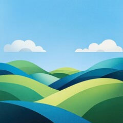 Obraz premium A peaceful summer landscape featuring rolling green hills, lush grass, and a bright blue sky, illustrated in a vibrant and detailed vector style.