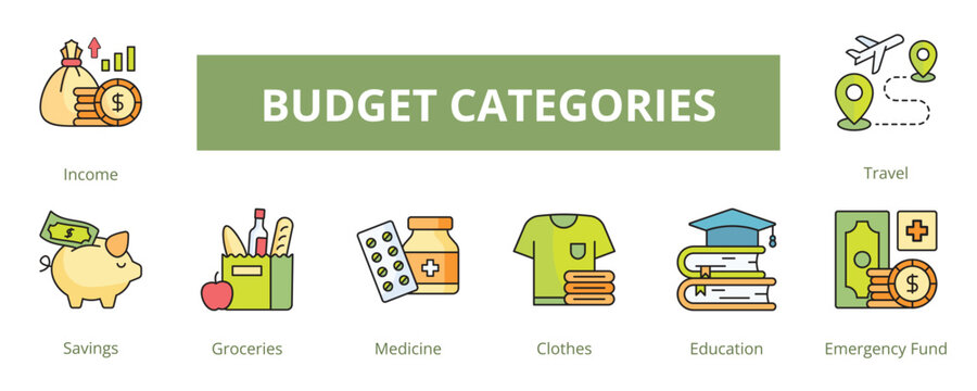 Budget Categories Lineal Color Banner Web Icon Set Vector Illustration, Income Savings Groceries Clothing Medicine Education Emergency Fund Travel
