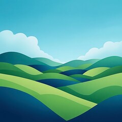 Obraz premium A peaceful summer landscape featuring rolling green hills, lush grass, and a bright blue sky, illustrated in a vibrant and detailed vector style.