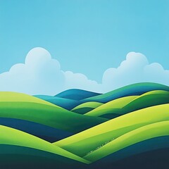 Obraz premium A peaceful summer landscape featuring rolling green hills, lush grass, and a bright blue sky, illustrated in a vibrant and detailed vector style.
