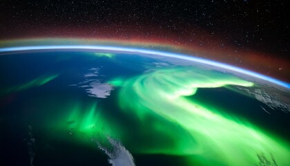 Fototapeta premium Vibrant green aurora borealis dances across Earth's curve, a cosmic ballet against a starlit backdrop.