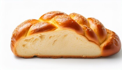 Fototapeta premium Golden-brown challah bread, sliced to reveal a fluffy interior.
