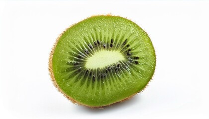 A juicy slice of kiwi fruit against a white background.
