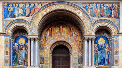 Fototapeta premium Cathedral mosaic facade, religious art, Italy, historical architecture, tourism