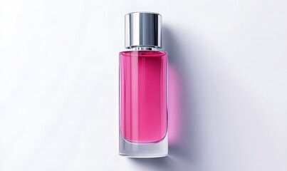 Pink perfume bottle on white background.