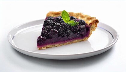 A slice of blackberry pie, garnished with a mint sprig, sits on a white plate.
