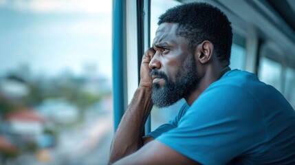 Fototapeta premium A bearded man gazes thoughtfully out the window in an urban setting
