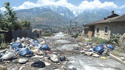 Mountainous town street littered with trash