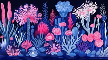 Stylized Underwater Garden of Bioluminescent Coral and Flora