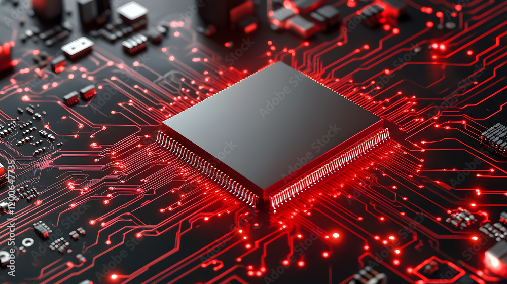 Poster High-tech circuit board with a glowing red microchip at its center