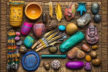 Colorful Tribal Artifacts on Woven Mat - A Display of Cultural Heritage and Craftsmanship