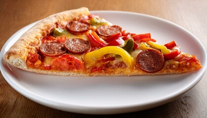 A delicious slice of pizza with pepperoni and bell peppers.