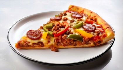 A slice of meat lovers pizza with bell peppers.