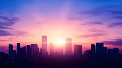 Fototapeta premium Vibrant city skyline at sunset with colorful clouds and glowing buildings