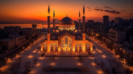 Illuminated mosque at sunset, cityscape background.