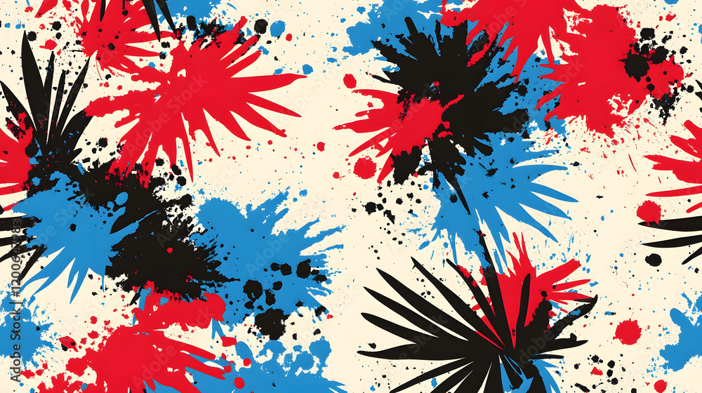 Poster colorful abstract pattern with splashes and palm leaves in red, blue, and black on a light backgroun