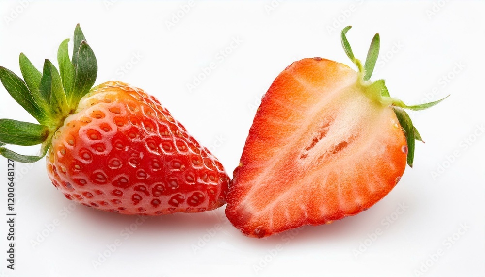 Canvas Prints Juicy red strawberries, one whole, one halved, on a white background.