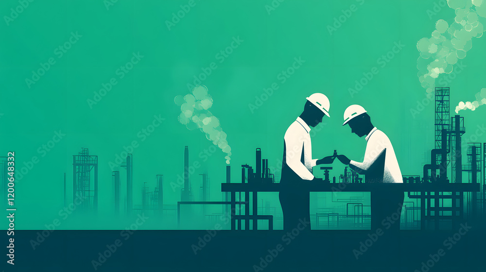Poster two workers in helmets collaborate at a facility with industrial structures and smoke in the backgro