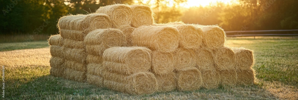 Poster sunset over stacked hay bales in a lush field during warm evening light. generative ai