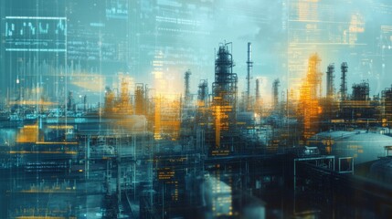 Futuristic industrial landscape with digital overlays and glowing elements, representing technology and manufacturing.