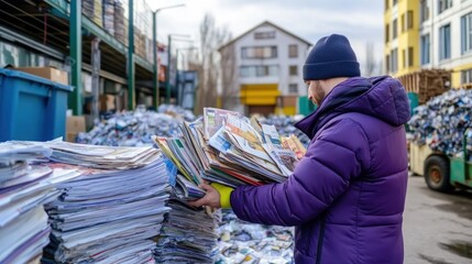 A worker organizes piles of newspapers for recycling outside in a busy urban area