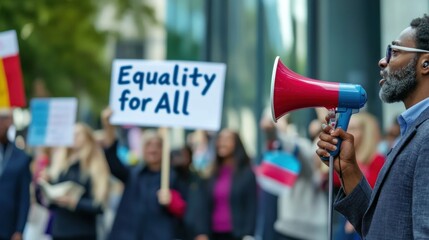 Activists gather in a city to promote equality for all, chanting and holding signs