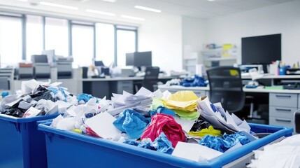 Large bins filled with mixed recyclable materials in an office setting during daytime hours