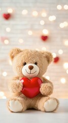 Fototapeta premium A fluffy teddy bear holds a bright red heart, set against a softly blurred Valentine’s Day-themed background, creating a warm, romantic, and affectionate atmosphere.