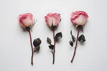 Three pink roses arranged in a row on a white background.