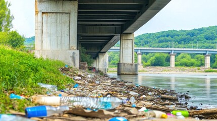 Litter from bottles and debris is seen accumulating beneath a highway bridge near a riverbank