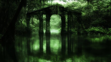 Ancient Stone Archway Submerged in Mysterious Green Swamp