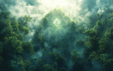 Obraz premium Environmental Regulation and Sustainable Business Concept with Icon Scales over Lush Forest Nature Background