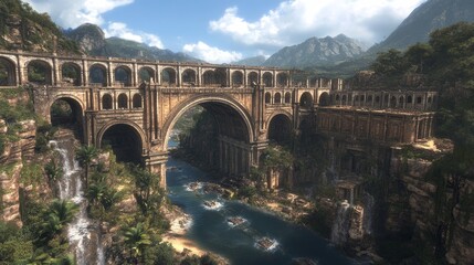 Fototapeta premium Ancient Stone Bridge Over Lush River Gorge