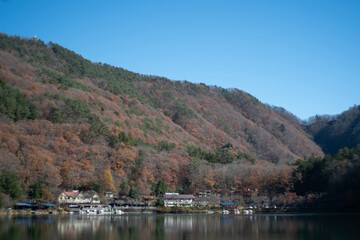紅葉に包まれた湖畔のキャンプ場
