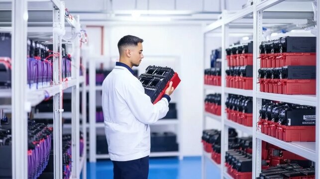 A worker examines a battery component while surrounded by organized shelves of batteries