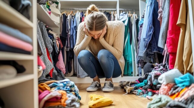 A woman sits on the floor of a cluttered closet, feeling overwhelmed by her clothes and belongings