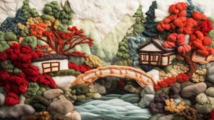 フェルトアートの美｜赤と白の花が彩る和柄デザイン。和柄、和風、日本、ハンドメイド,アジア,