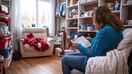 Obraz premium A woman is reviewing important papers in a tidy living room on a sunny day