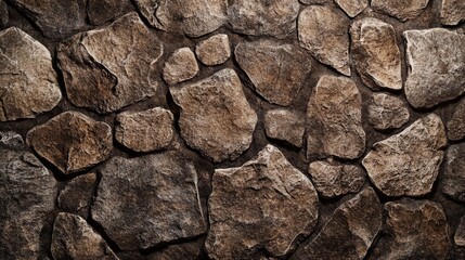 A detailed close-up of a brown stone wall, showcasing natural textures, rough edges, and earthy tones, perfect for rustic and architectural themes. 